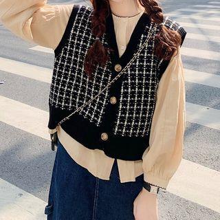 Lantern-sleeve Blouse / Plaid Knit Vest
