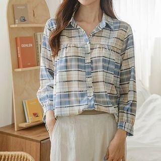 Shirred Plaid Blouse