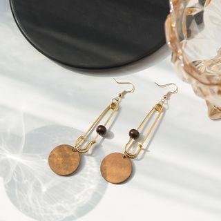 Safety Pin Round Wooden Drop Earring 1 Pair - Er1548 - Brown - One Size