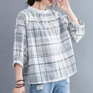 Elbow-sleeve Plaid Lace Trim Blouse