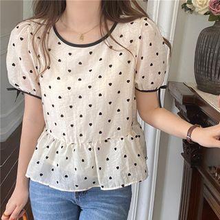 Short-sleeve Heart Print Top Heart Print - White - One Size