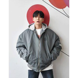 Detachable-hooded Printed Oversized Flight Jacket