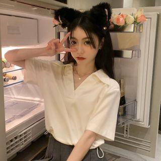 Elbow Sleeve V-neck Drawstring Top