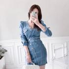 V-neck Button-trim Denim Dress