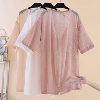 Pointelle Knit Short-sleeve Open Front Cardigan