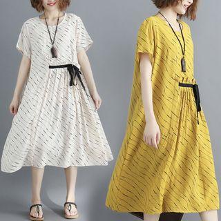 Short-sleeve Tie-front Patterned A-line Dress