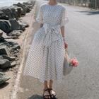 Short-sleeve Dotted Bow Accent Midi A-line Dress