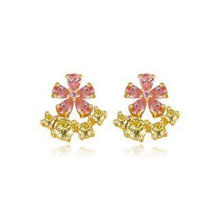 Sterling Silver Plated Gold Elegant Fashion Flower Stud Earrings With Pink Cubic Zirconia Golden - One Size