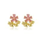 Sterling Silver Plated Gold Elegant Fashion Flower Stud Earrings With Pink Cubic Zirconia Golden - One Size