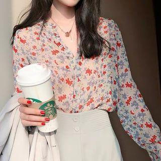 Long-sleeve Floral Button-up Chiffon Blouse