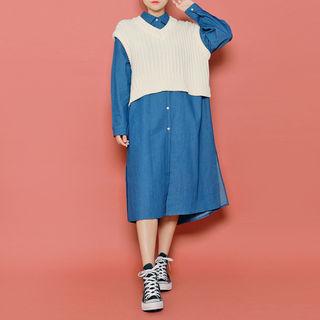 Slit-side Denim Long Shirtdress