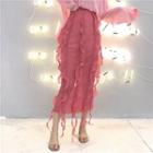 Irregular Fringed Midi Skirt Pink - One Size