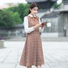 Mock Two-piece Long-sleeve Plaid Panel Midi A-line Collared Dress