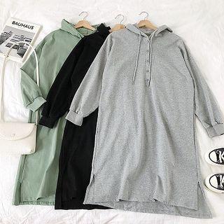 Plain Drawcord Hooded Long-sleeve Dress