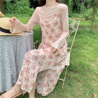 Long-sleeve T-shirt / Strappy Floral Midi A-line Dress