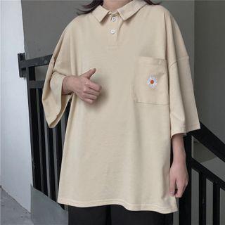 Elbow-sleeve Polo-neck Daisy Embroidered Top