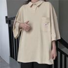 Elbow-sleeve Polo-neck Daisy Embroidered Top