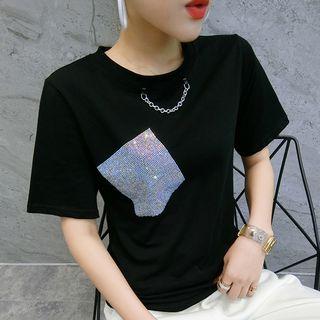 Short-sleeve Rhinestone Pocket T-shirt