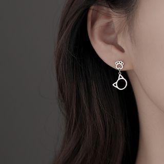 Cat & Paw Sterling Silver Dangle Earring 1 Pair - Silver - One Size