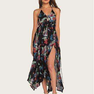 Flower Print Halter-neck Midi A-line Dress