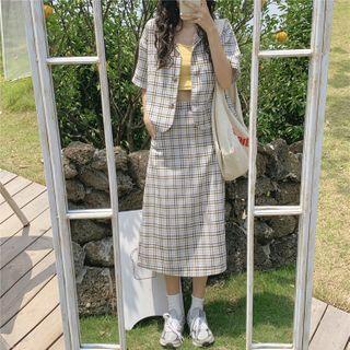Set: Short-sleeve Plaid Blazer + Midi A-line Skirt