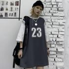 Mock-two-piece Elbow-sleeve Number Printed T-shirt