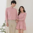 Couple Matching Puff-sleeve A-line Dress / Shirt / Straight Leg Pants