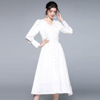Long Sleeve V Neck Buttoned A-line Maxi Dress
