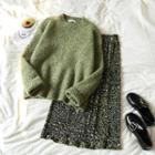Plain Loose-fit Sweater / Leopard Midi Skirt