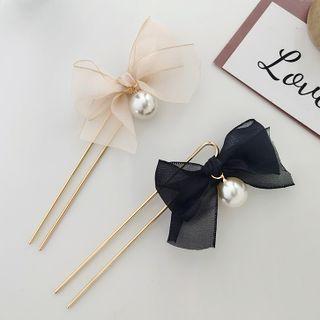 Bow Mesh Faux Pearl Hair Stick