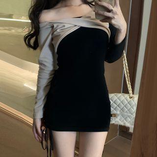 Long-sleeve Two-tone Drawstring Mini Dress