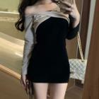 Long-sleeve Two-tone Drawstring Mini Dress