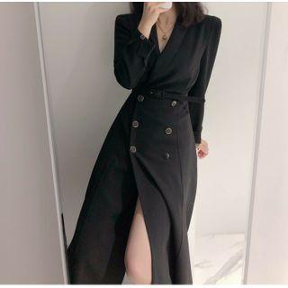 Long-sleeve Plain Double Breasted Tie-waist Dress
