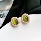 Faux Cat Eye Stone Faux Pearl Earring 1 Pair - Gold & Green & White - One Size