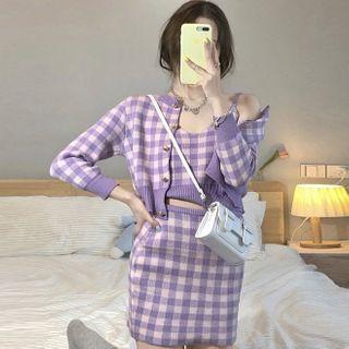 Set: Gingham Knit Camisole Top + Mini Skirt + Cardigan Set Of 3 - Gingham - Light Purple - One Size