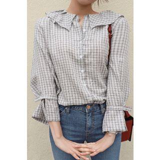 Ruffle-collar Tab-cuff Plaid Blouse