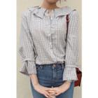 Ruffle-collar Tab-cuff Plaid Blouse
