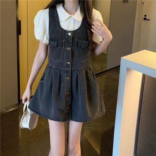 Bow Accent Denim Mini Overall Dress