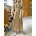 Puff-sleeve Henley Maxi Shirtdress Khaki - One Size