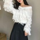 Plain Fringed V-neck Puff-sleeve Top