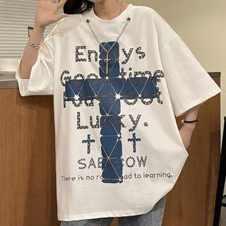 Elbow-sleeve Lettering Chain Detail T-shirt