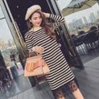 Long-sleeve Striped Lace-panel Midi Shift Knit Dress Stripes - Black & White - One Size