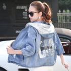 Sequined Lettering Distressed Hooded Denim Jacket
