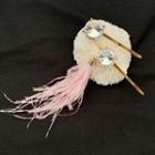 Feather Rhinestone Hair Pin Set Of 2 - Pink Tassel & Silver Rhinestone - Gold - One Size