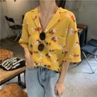 Elbow-sleeve Patterned Top Yellow - One Size