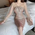Puff-sleeve Striped Paneled Sheath Dress