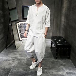 Set: Elbow-sleeve Frog Buttoned Shirt + Harem Pants