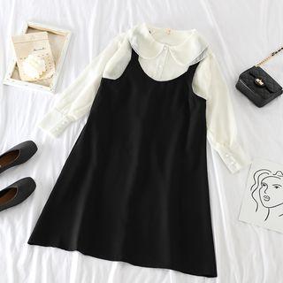 Sleeveless Plain Dress / Long-sleeve Peter Pan Collar Plain Shirt