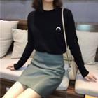 Moon Embroidery Sweater / Faux Leather Mini Skirt
