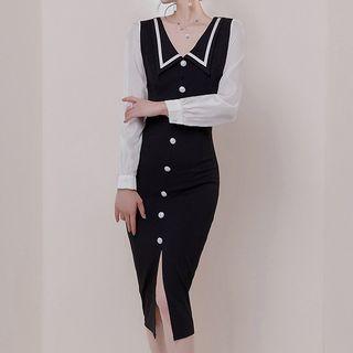 Two-tone Collared Long-sleeve Midi Sheath Dress